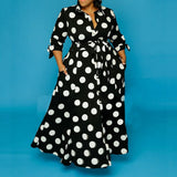 Women Plus Size Maxi Dresses Shirt Long Sleeve Dotted Prints Dress