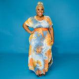 Women Plus Size Maxi Dresses Tie-Dye Printed Side Pocket V-neck Loose Dress