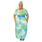 Women Plus Size Maxi Dresses Tie-Dye Printed Side Pocket V-neck Loose Dress