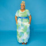 Women Plus Size Maxi Dresses Tie-Dye Printed Side Pocket V-neck Loose Dress