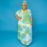 Women Plus Size Maxi Dresses Tie-Dye Printed Side Pocket V-neck Loose Dress