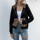Women Sherpa Jacket Double-Sided Velvet Leopard Splicing Sweater Women's Long Sleeve Plush Top