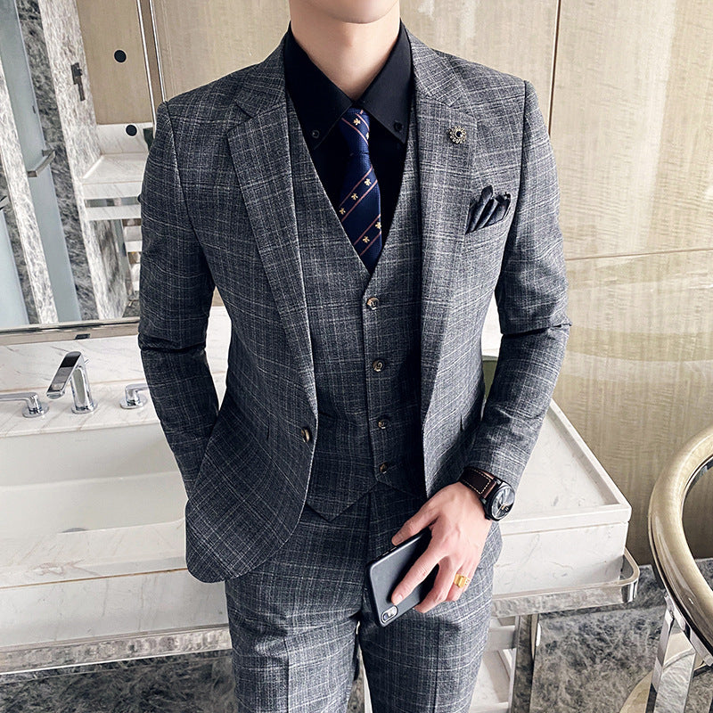Seersucker Suit Three-Piece Suit Slim Fit Small Plaid Business Suit