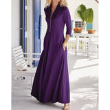 Work Dresses with Pockets Long Sleeve Solid Color Pocket Midi Dress