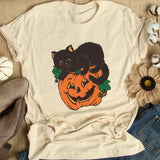 Halloween Costumes Hello Pumpkin Black Cat Pumpkin Printed round Neck T-shirt for Women