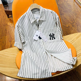 Yankees Spring/Summer Striped Casual Short Sleeve Lapel Shirt for Men