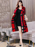 womens long color block plaid check trench coat long lapel coat maxi coat pea coat