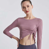 Moisture Wicking Shirts Fall/Winter Yoga Wear Female Bow Drawstring Tight Long Sleeve Quick-Drying Sports Fitness Top