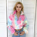 Women Sherpa Jacket Autumn and Winter Women's Tie-Dyed Plush Contrast Color Coat Women's Midriff Outfit Sweater