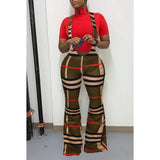 Women Plaid Catsuit Woman Checkered Jumpsuit Plaid Printed Strap One-Piece Fashion Slim Trousers Zipper Casual Bell-Bottom Pants