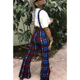 Women Plaid Catsuit Woman Checkered Jumpsuit Plaid Printed Strap One-Piece Fashion Slim Trousers Zipper Casual Bell-Bottom Pants