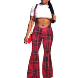 Women Plaid Catsuit Woman Checkered Jumpsuit Plaid Printed Strap One-Piece Fashion Slim Trousers Zipper Casual Bell-Bottom Pants