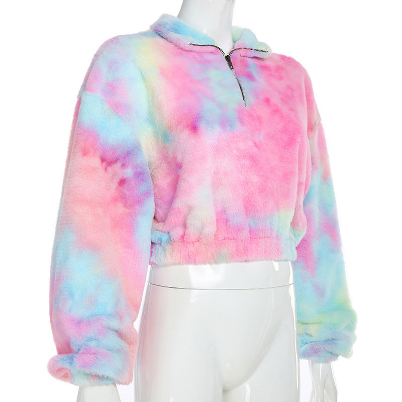 Women Sherpa Jacket Autumn and Winter Women's Tie-Dyed Plush Contrast Color Coat Women's Midriff Outfit Sweater