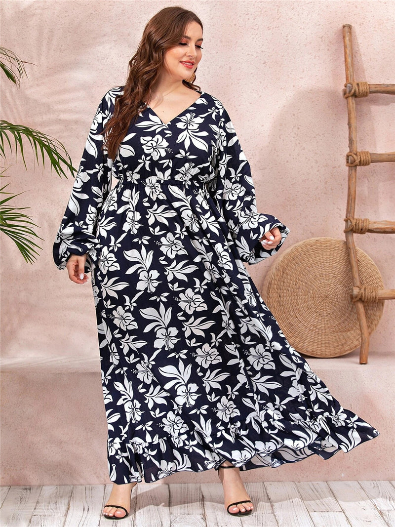 Women plus Size Dresses Fashion Printed Ruffled Corset Large Swing Dress