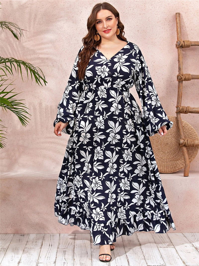 Women plus Size Dresses Fashion Printed Ruffled Corset Large Swing Dress