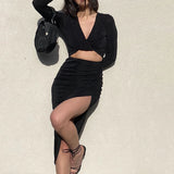 Women Top & Skirt 2 Piece Set Spring Cropped Sexy T-shirt Skirt Casual Suit