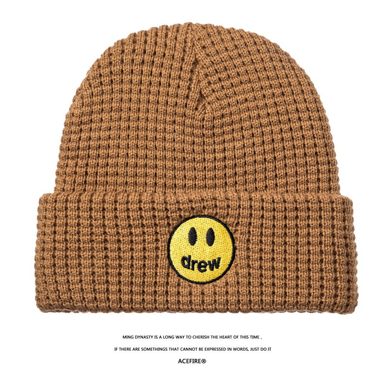 Justin Bieber Toque Smiley Face Woolen Cap Drew Cap Embroidery Men and Women Retro
