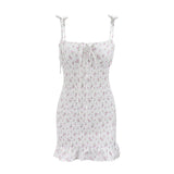 Women Summer Dresses Mini Dress Sexy Off-The-Shoulder Floral Tie-Neck Ruffled Spaghetti Straps Short Dress For Women