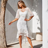 Women Lace Wedding Dress Slim-Fit Fishtail Skirt Midi Dress