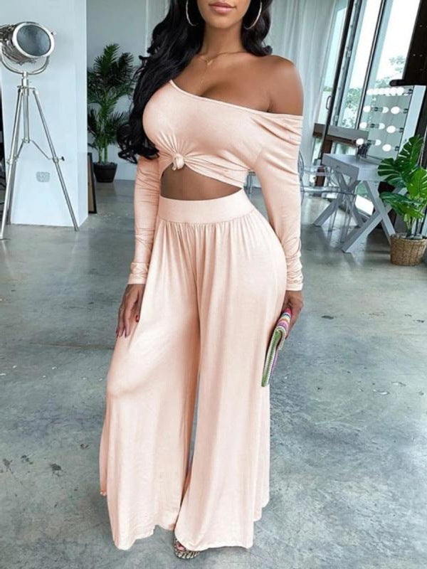 Women Plus Size Co-Ords Solid Color Long Sleeve Sexy Off-Neck Two-Piece Set