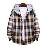 Mens Flannel Jacket with Hoodie Long Sleeve Plaid Shirt Couple Teenagers Casual Loose-Fitting Hoodie Color Matching Shirt