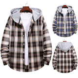 Mens Flannel Jacket with Hoodie Long Sleeve Plaid Shirt Couple Teenagers Casual Loose-Fitting Hoodie Color Matching Shirt