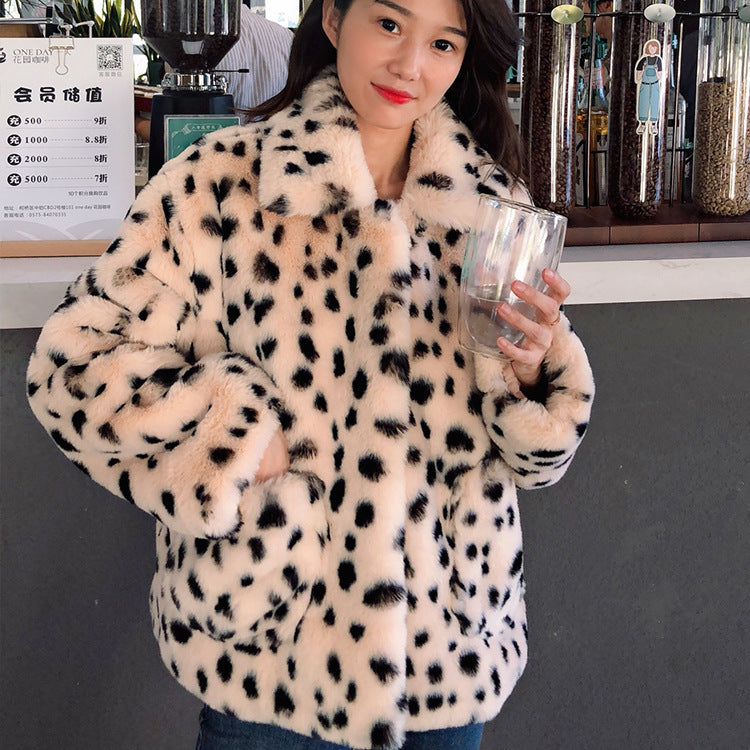 Women Dalmatian Coat Winter Loose Thick Lamb Wool Coat Leopard Print
