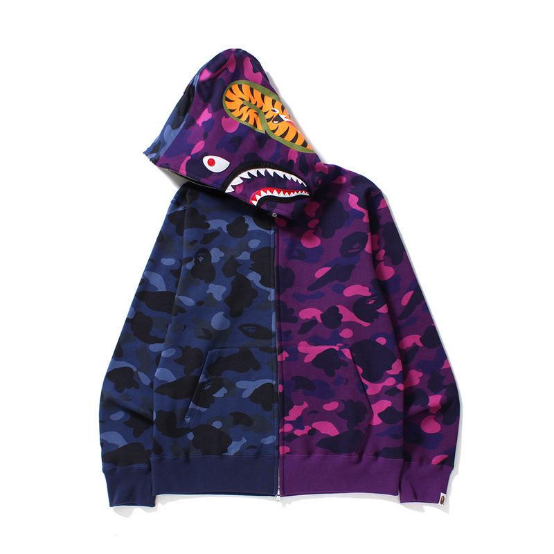Shark Print Hoodie Autumn and Winter Men's Youth Blue Purple Contrast Color Hooded Sweatshirt