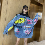 Spray Painted Jacket Women's Dark Blue Denim Jacket Casual Jacket