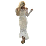 Women Lace Wedding Dress Sexy off-the-Shoulder Lace Long Sleeve Hip Skirt Mid Skirt