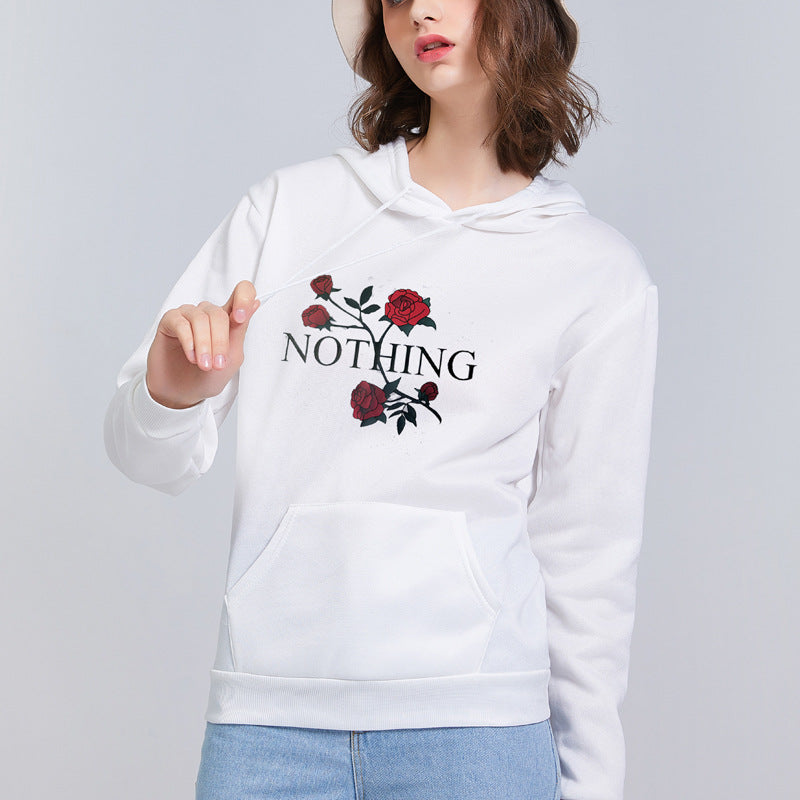 Black Rose Hoodie Casual Hooded Long Sleeve Loose Rose Printed Sweater