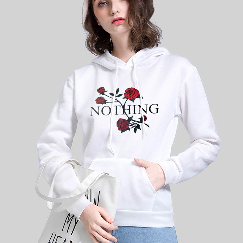 Black Rose Hoodie Casual Hooded Long Sleeve Loose Rose Printed Sweater for Women