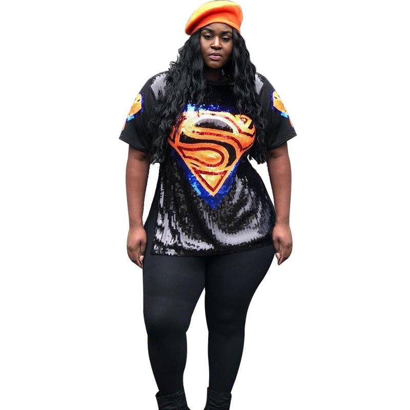 Women Plus Size Tops Fashionable Sequins Split Cartoon Top