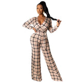 Women Plaid Catsuit Women Checkered Jumpsuit Pants Autumn and Winter Casual High Waist Lace-up Plaid Wide Leg One-Piece Trousers