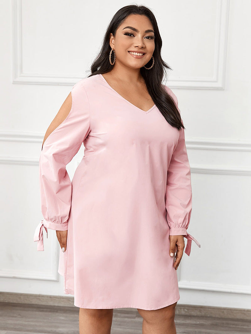 Women Plus Size Mini Dresses Pure Color Slimming V-neck Swing Dress