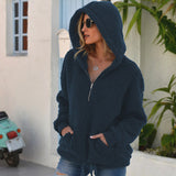 Women Sherpa Jacket Autumn and Winter Loose Plush Pullover Socket Solid Color Hoodie Coat