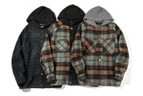 Mens Flannel Jacket Flannel Loose Street Autumn and Winter Plaid Hooded Jacket