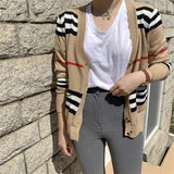 Striped Cardigan Mid-Length Color Block V-neck Sweater Coat Loose Women Top