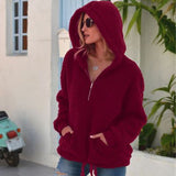 Women Sherpa Jacket Autumn and Winter Loose Plush Pullover Socket Solid Color Hoodie Coat