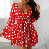 Women Bohemian Dress V-Collar Polka Dot Dress