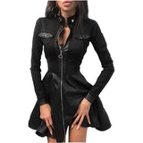 Work Dresses with Pockets Printed Zipper Pocket PU Dress