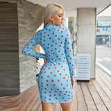 Lapel Strawberry Print Long Sleeve Bodycon Dress Retro Dress