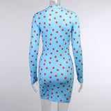 Lapel Strawberry Print Long Sleeve Bodycon Dress Retro Dress