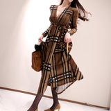 V-neck Lace-up Plaid Swing Wrap Dress