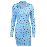 Lapel Strawberry Print Long Sleeve Bodycon Dress Retro Dress