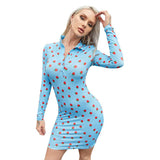 Lapel Strawberry Print Long Sleeve Bodycon Dress Retro Dress