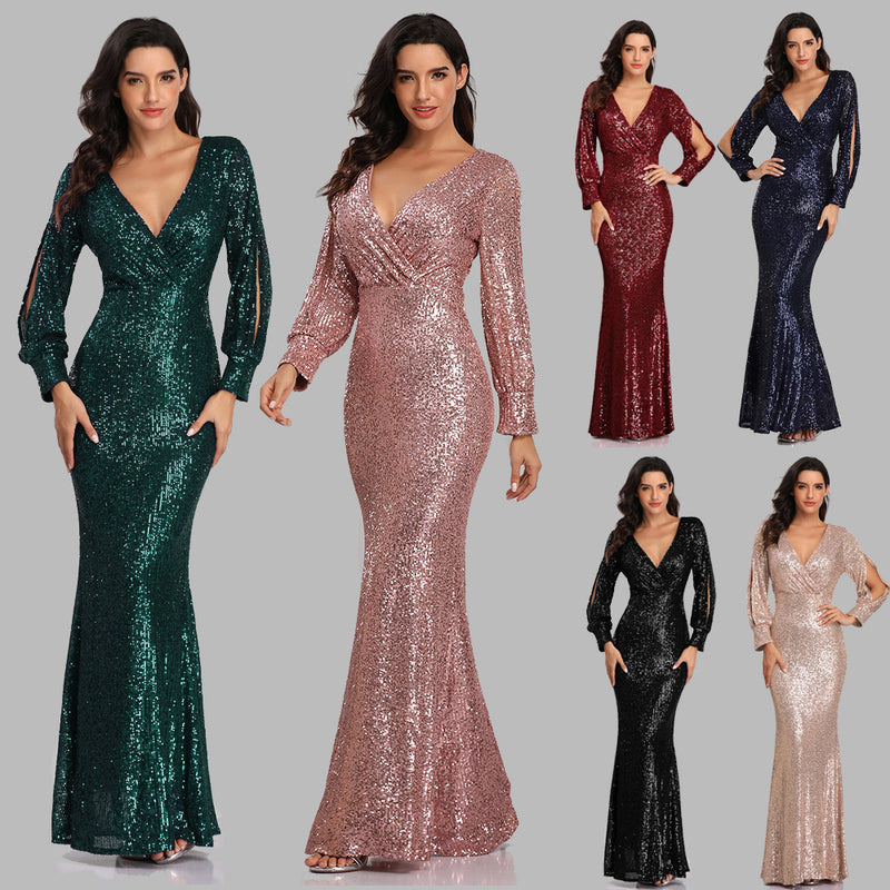Mariah Carey See through Dress Solid Color plus Size Long Sleeve Sequined Fishtail Evening Dress