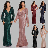 Mariah Carey See through Dress Solid Color plus Size Long Sleeve Sequined Fishtail Evening Dress