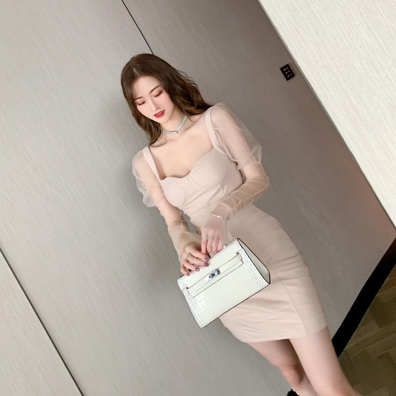Knee Length Semi Formal Dresses for Wedding Mesh Long Sleeve Sexy Tube Top Short Dress Sexy