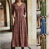 Work Dresses with Pockets Autumn Cotton Printed V-neck Pocket Long Sleeve Dress